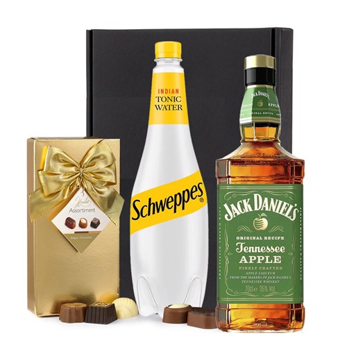Jack Daniels Tennessee Apple 70cl with Schweppes Tonic & Chocolates Gift Box | Spirit Mixer Set